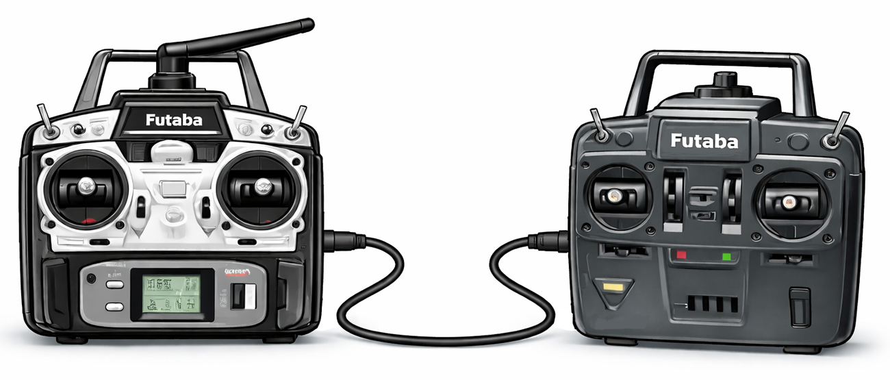 Buddy-box setup — two Futaba transmitters linked by a trainer cable for safe student flight training.