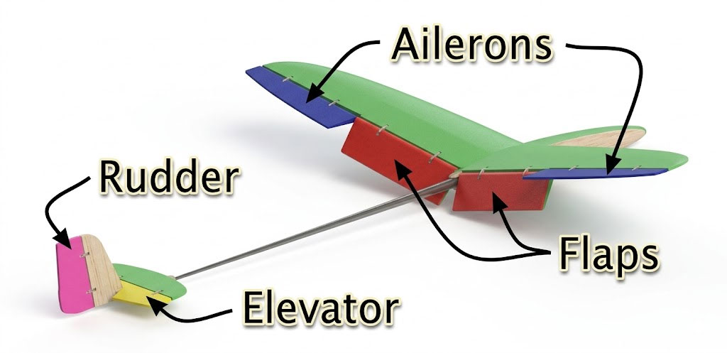 Plane parts diagram showing aileron, elevator, rudder, and other control surfaces