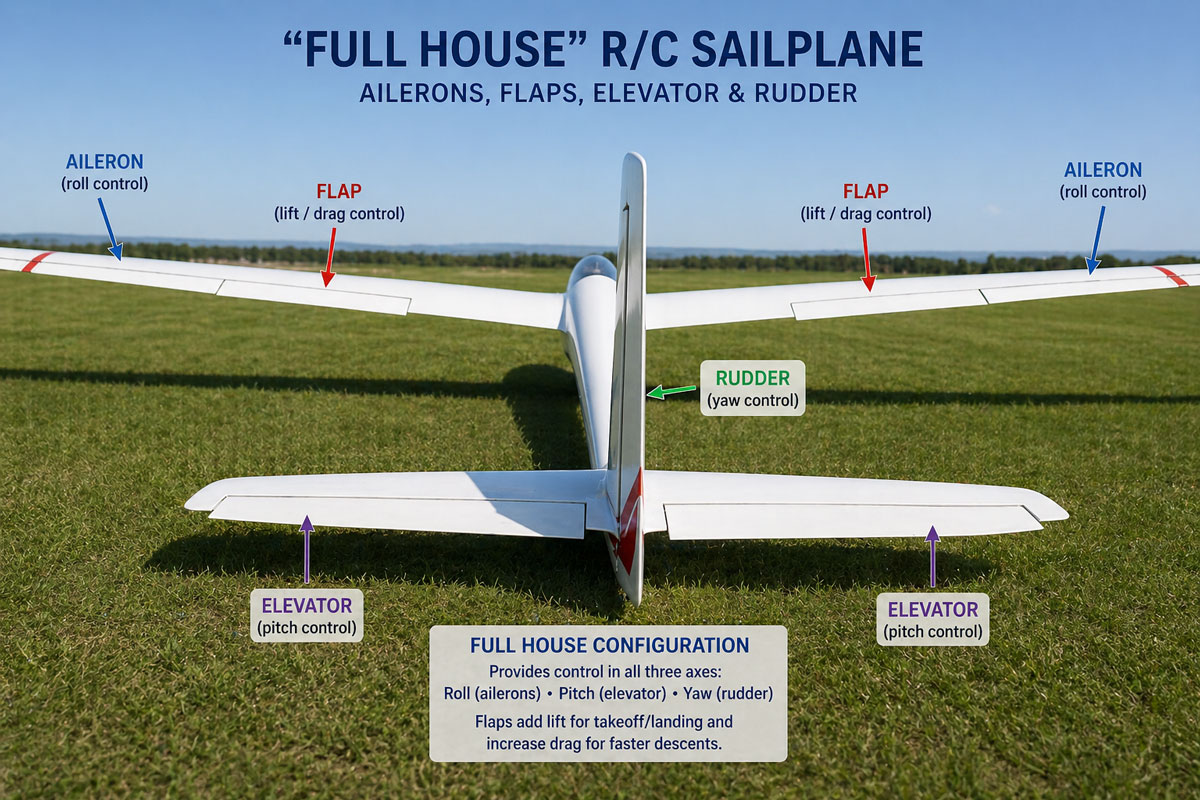 Full-house sailplane showing control surfaces