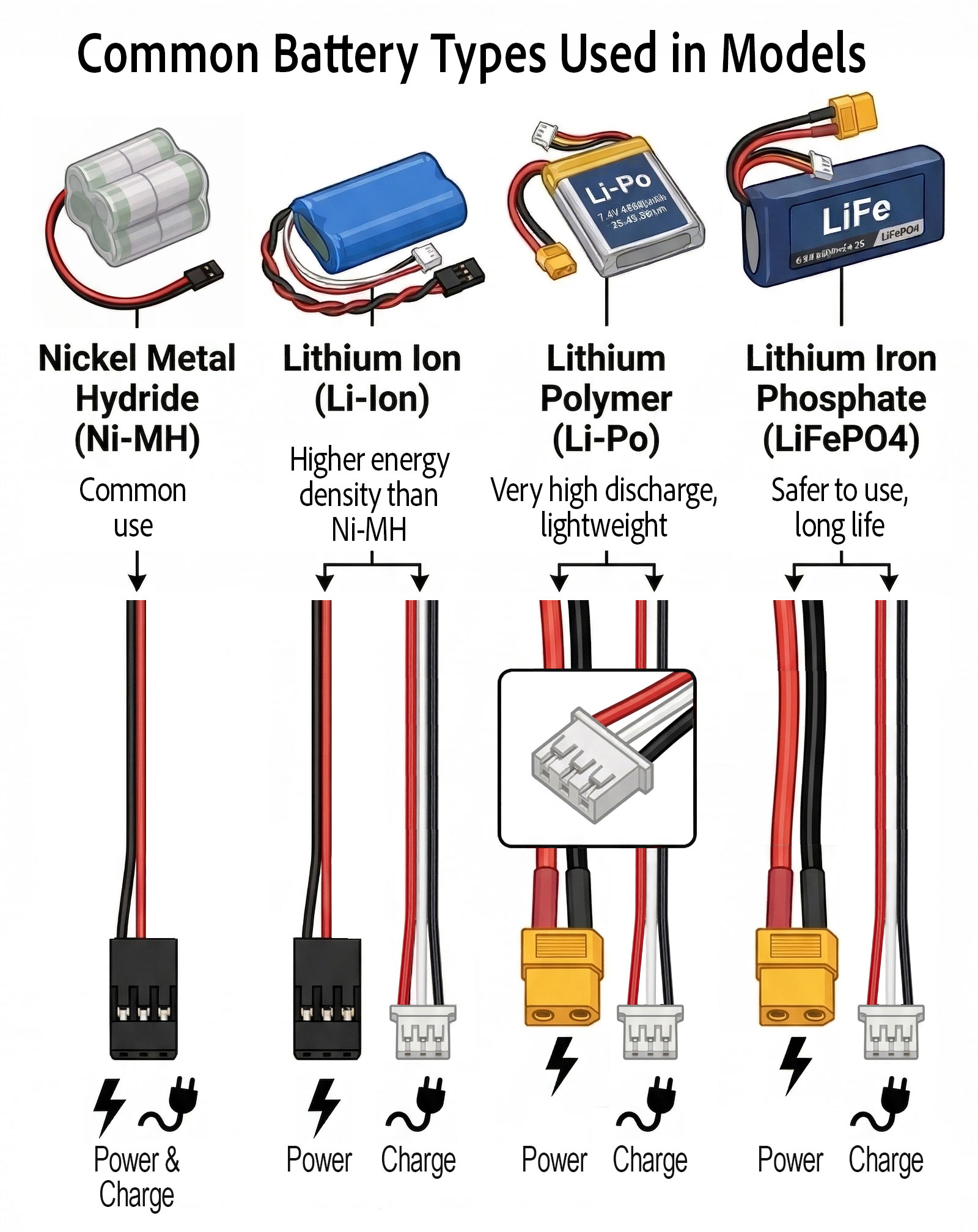 Diagram showing common battery types used in models: Ni-MH, Li-Ion, Li-Po, and LiFePO<sub>4</sub>, along with typical power and charging connectors.