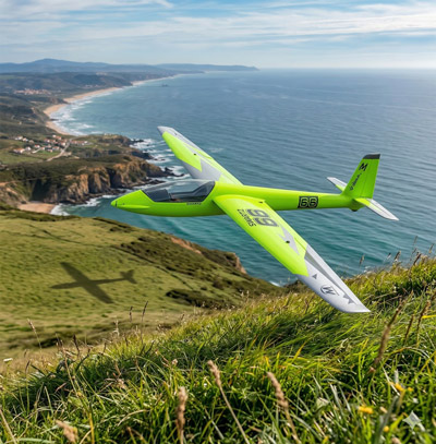 Swift electric motor glider soaring over a coastal slope